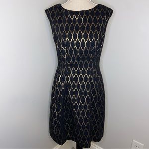 Vince Camuto black & gold Moroccan trellis pattern fit & flare dress size 8